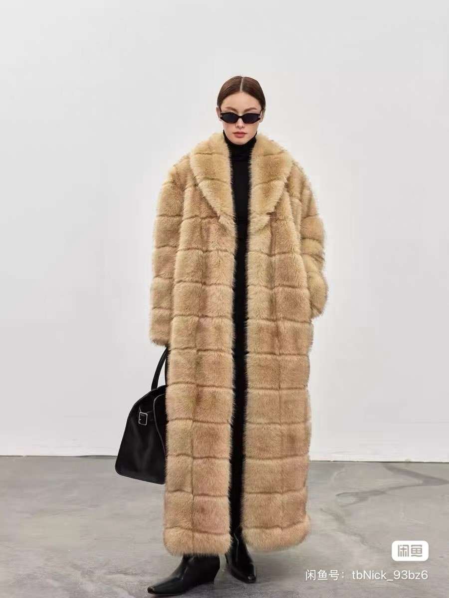 Beige Faux Fur Long Overcoat for Women Collared Lapel Buckle Closure Lined