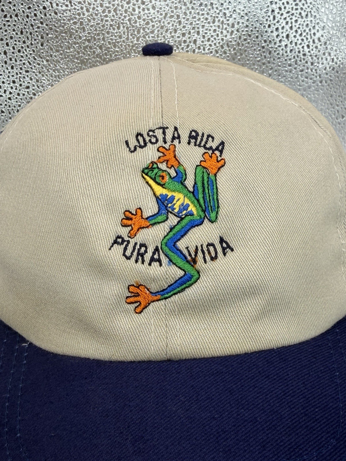 Unbranded Costa Rica Frog Beige Navy Strapback Hat Pura Vida Embroidered Cap