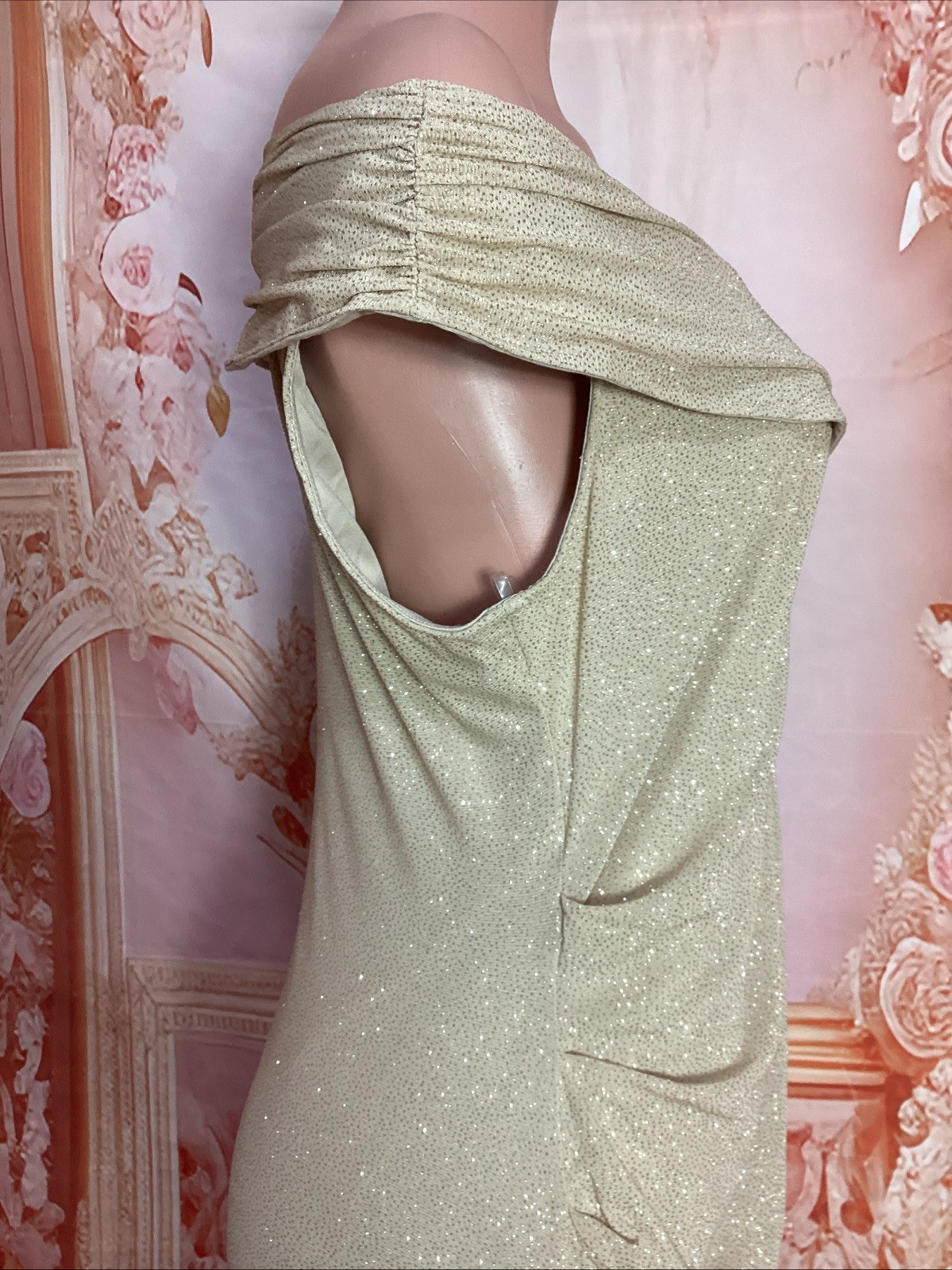 Candalite Champagne Sparkly Metallic Off Shoulder Cruise Prom Formal Gown L