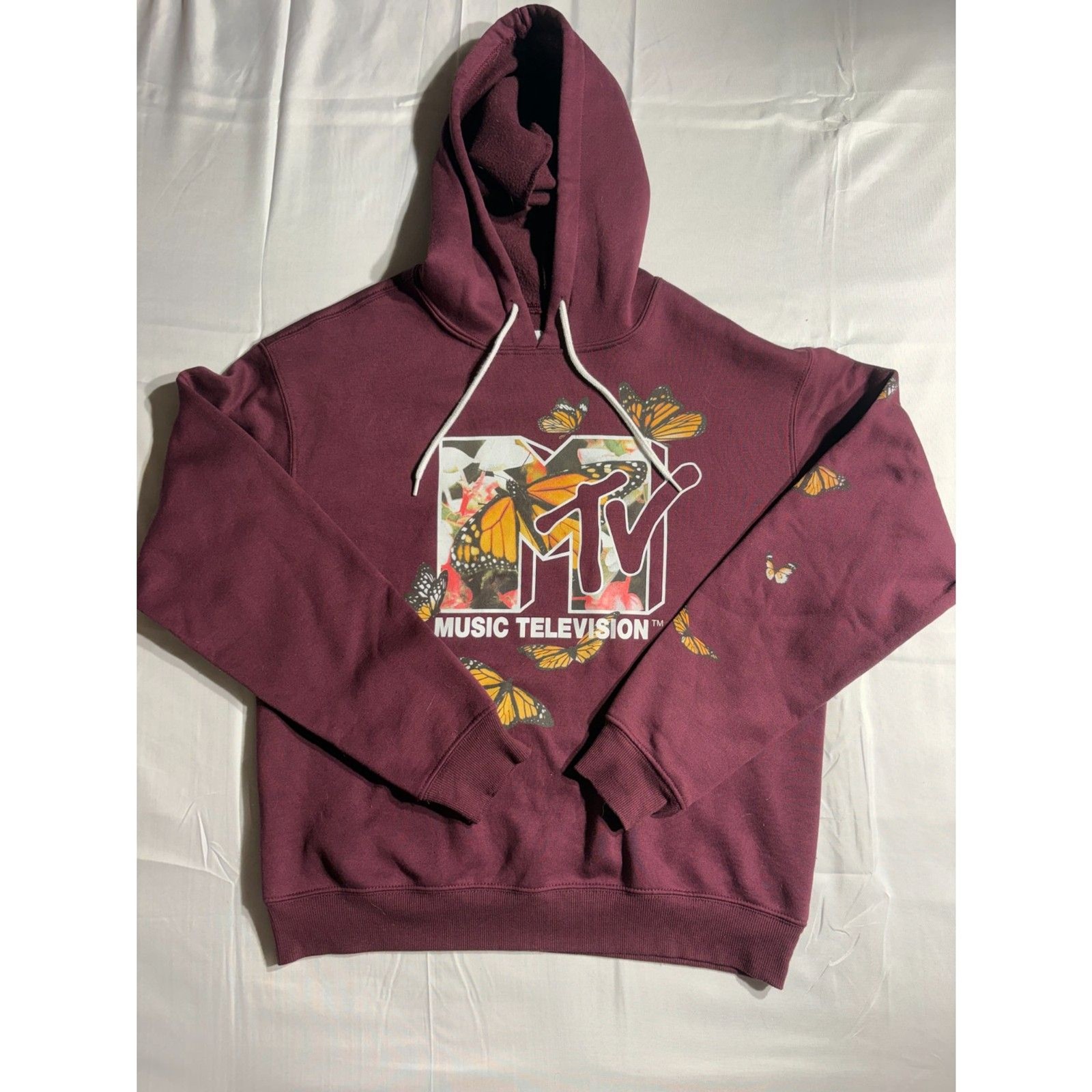 MTV Butterfly Hoodie Burgundy Graphic Sweatshirt Music Television Pullover