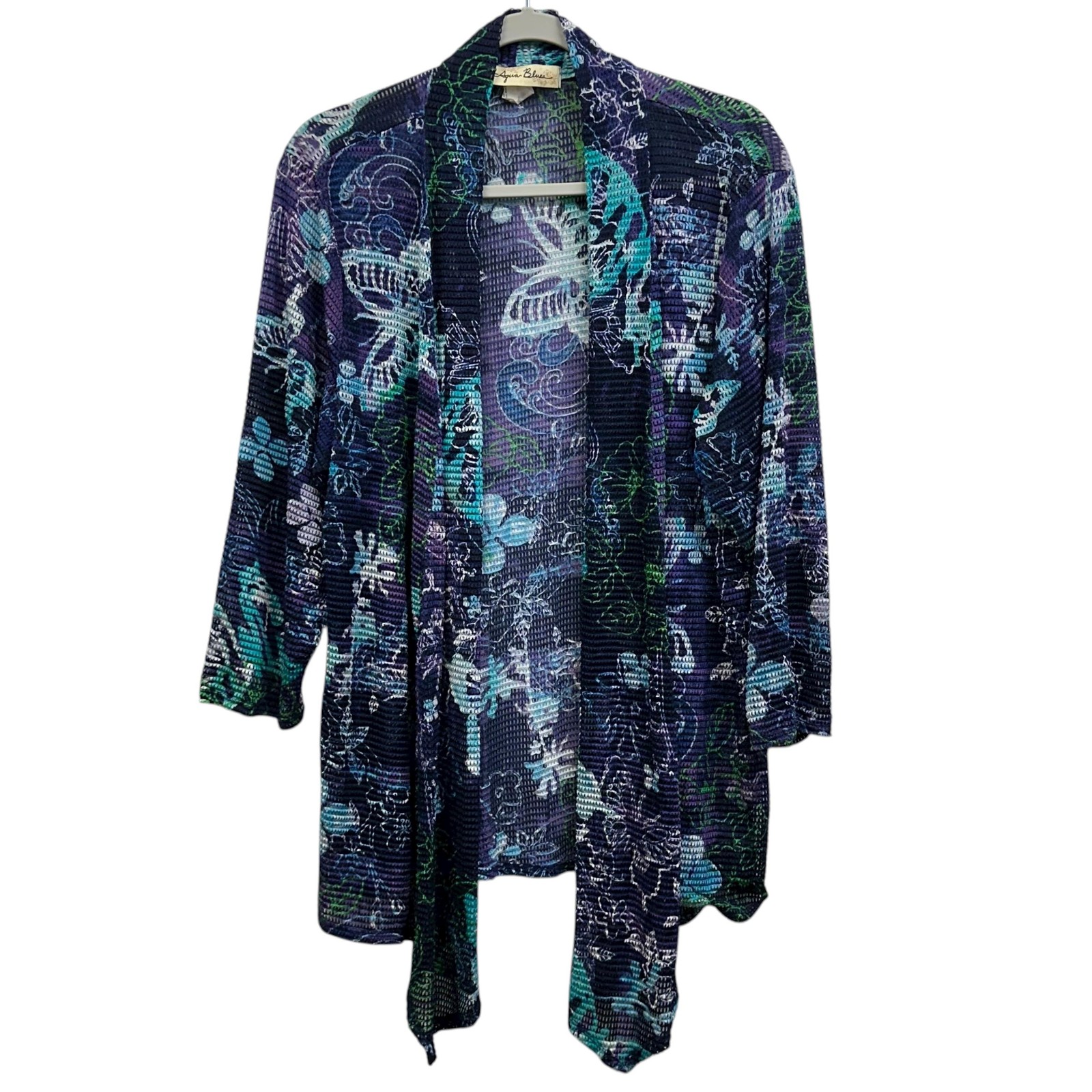 Aqua Blues Cardigan Womens 2X Blue Mesh Open Front Floral Lightweight Made USA