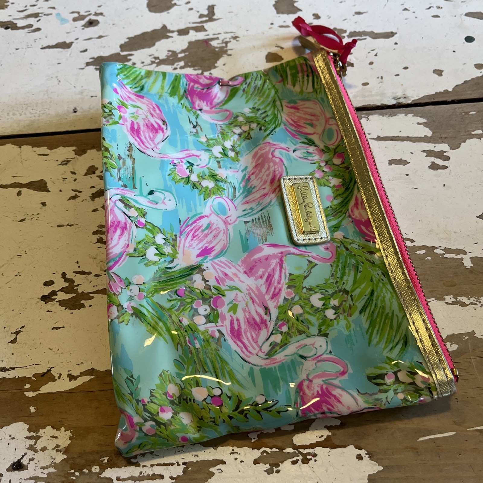 Lilly Pulitzer Pink Flamingo Vinyl Pouch bag zip Pencil Case makeup 8.75”x6”