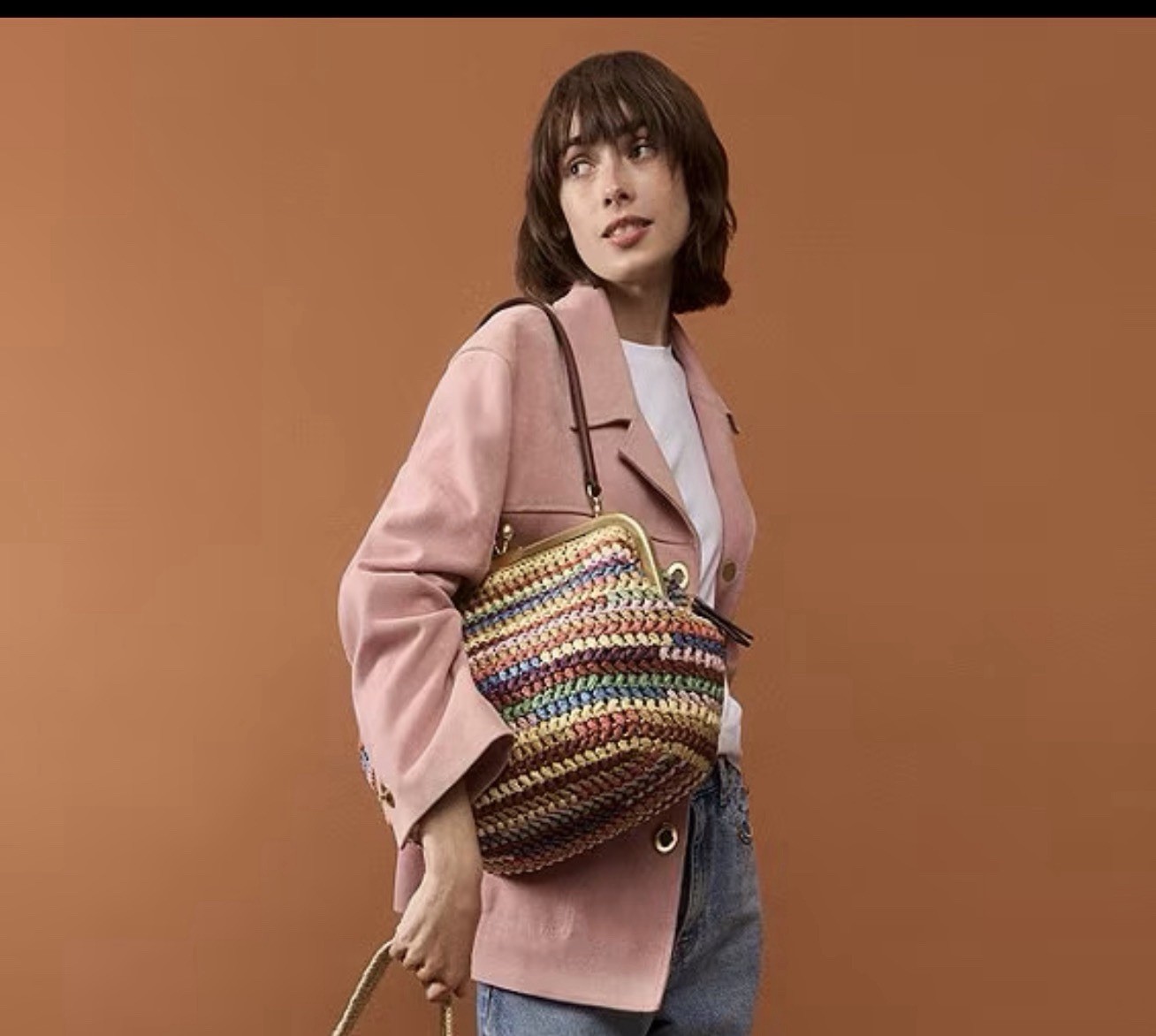 COACH Kisslock Frame Bag 27 Straw Brass Multi Color