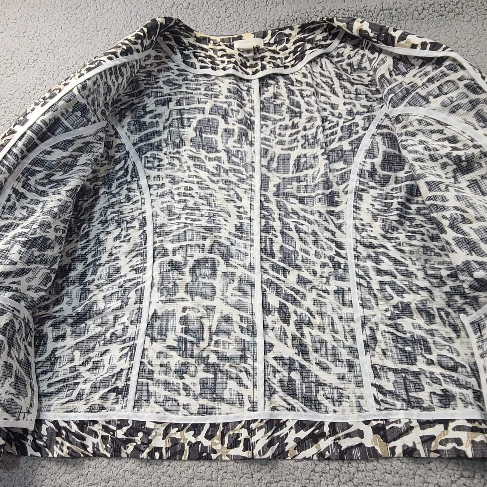 Chicos Womens LG 2 Open Front Jacket Blazer Abstract Animal Print Cotton Unlined