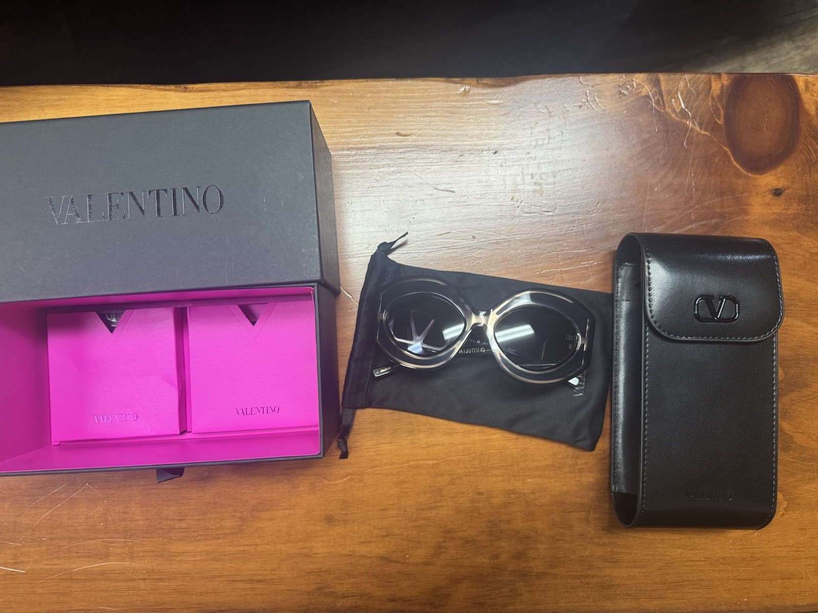 Valentino VLogo Oversized Sunglasses Black Frame Gray Tinted Lenses UV400