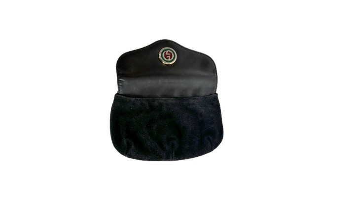 Vintage Gucci Black Suede Leather Clutch Enamel GG Logo Original Box