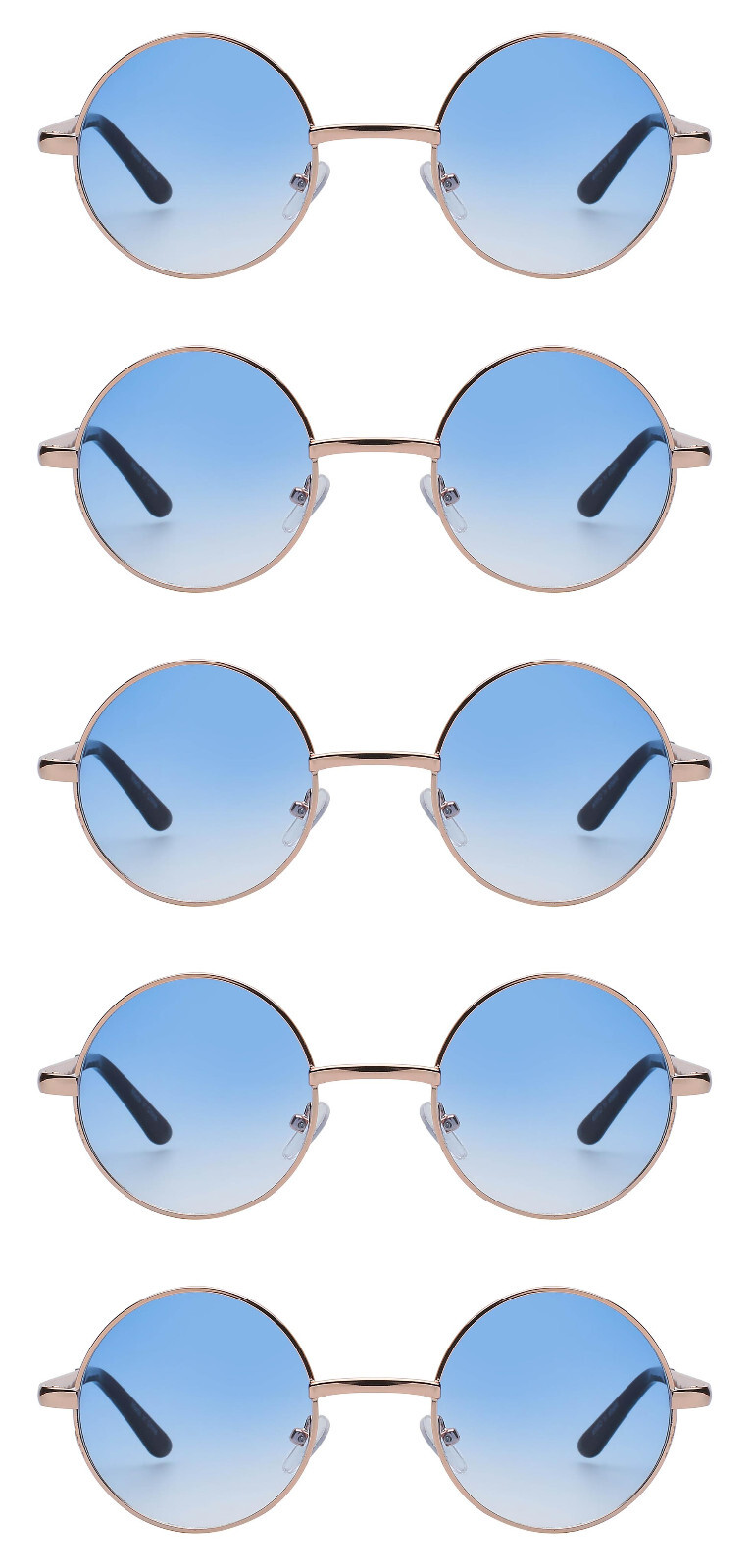5 PACK ROUND RETRO VINTAGE TINTED BLUE LENS 43 mm SUNGLASSES BULK SET WHOLESALE