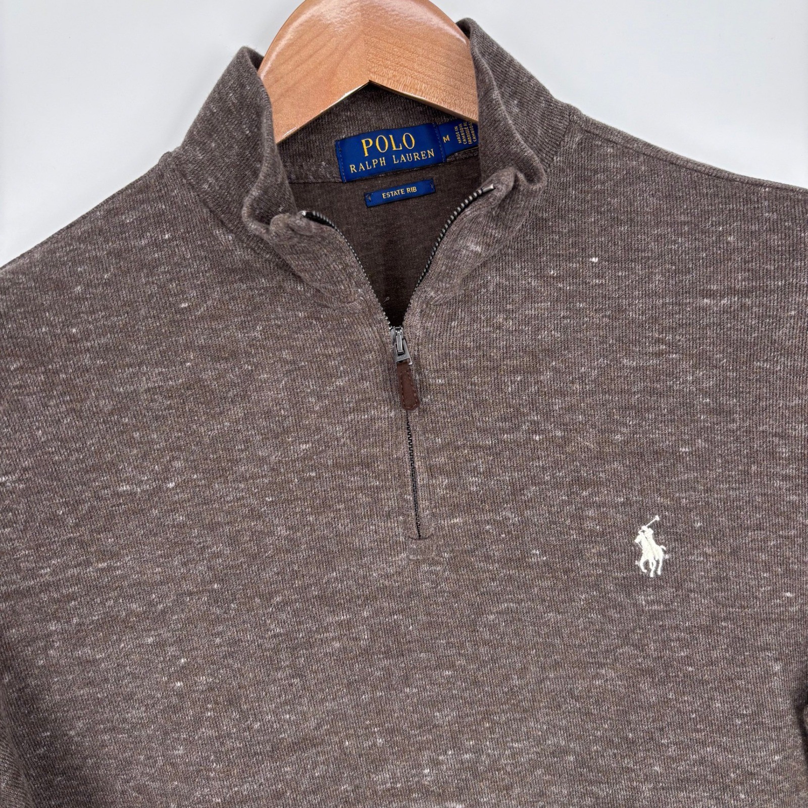 Polo Ralph Lauren 1/4 Zip Sweater Mens M Brown Marled Estate Rib Pullover Preppy