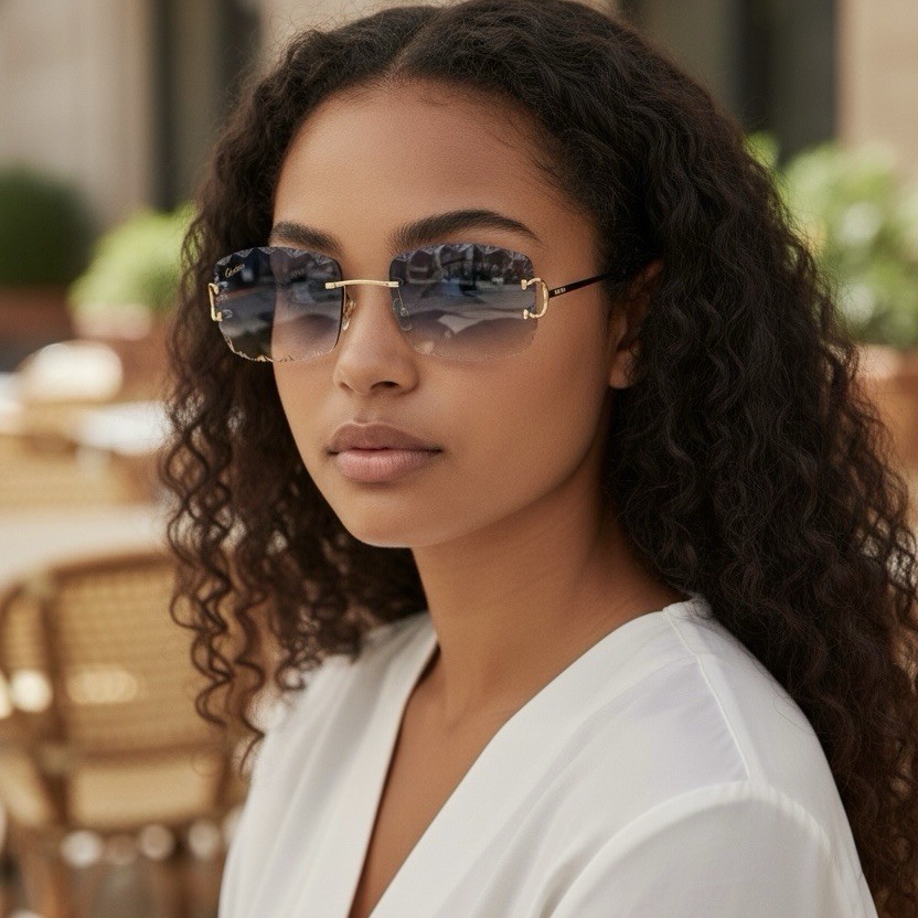 New Cartier rimless sunglasses fred glasses Diamond Cut decor BIG C gold Frame