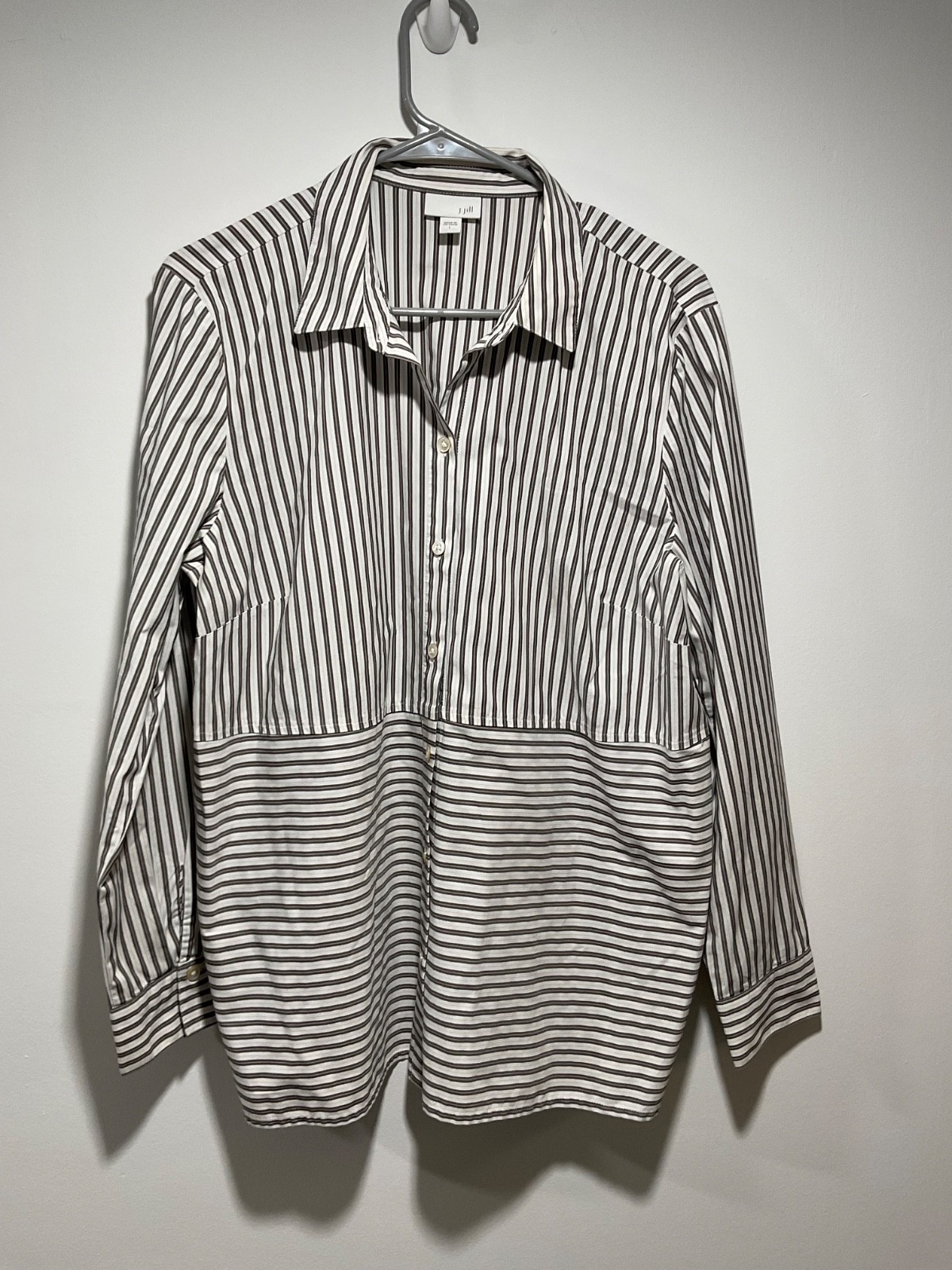 J Jill Top Womens L Gray White Mixed Stripe Cotton Blend Button Up Office Career