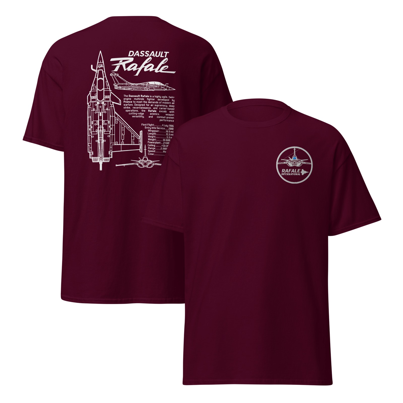 Dassault Rafale Fighter Jet T-Shirt – Embroidered Badge & Jet Views Back Print