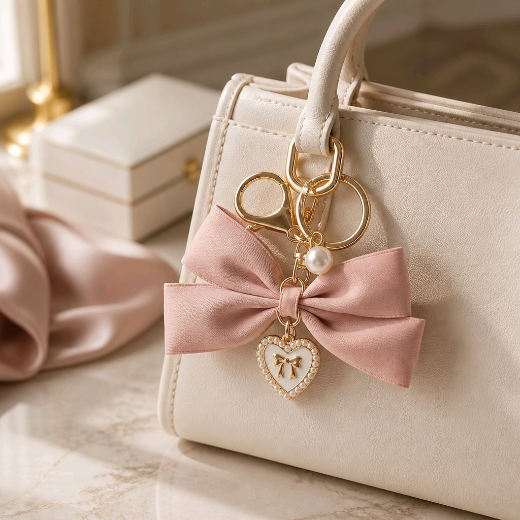 Satin Bow Ribbon Bag Charm Keychain Heart Rhinestone Pearl Luxury Purse Pendant