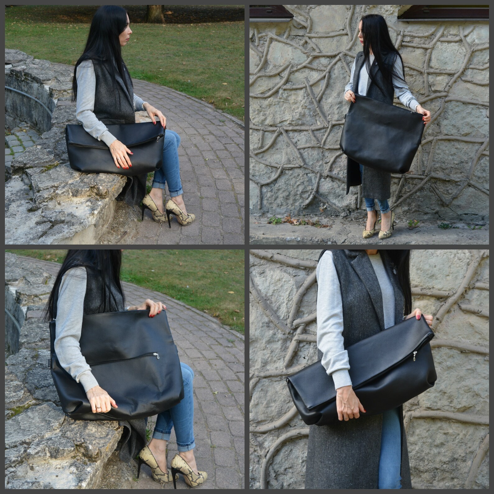 Oversize 3 in 1 Leather Clutch Shoulder Bag Tote