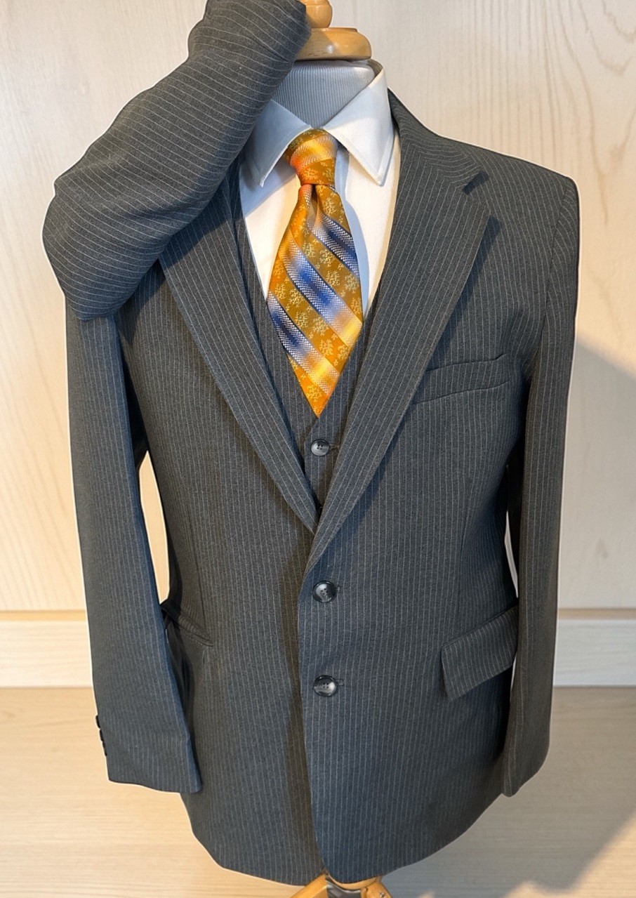 Vintage Custom Aqua Sure 3 Pc Gray Pin Stripe Suit Jacket 42R Pants 34 x 30