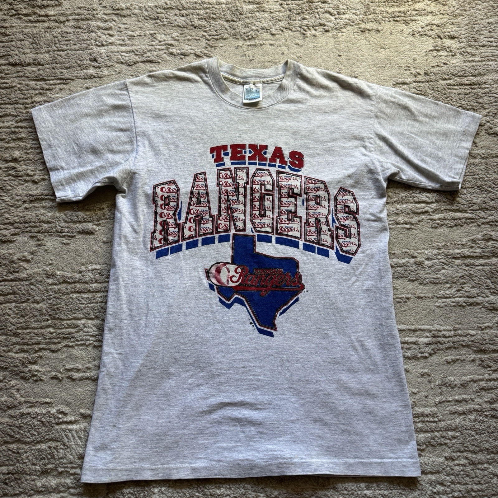 Vintage 90s Texas Rangers Baseball MLB Tee Mens Medium Gray USA American Sports