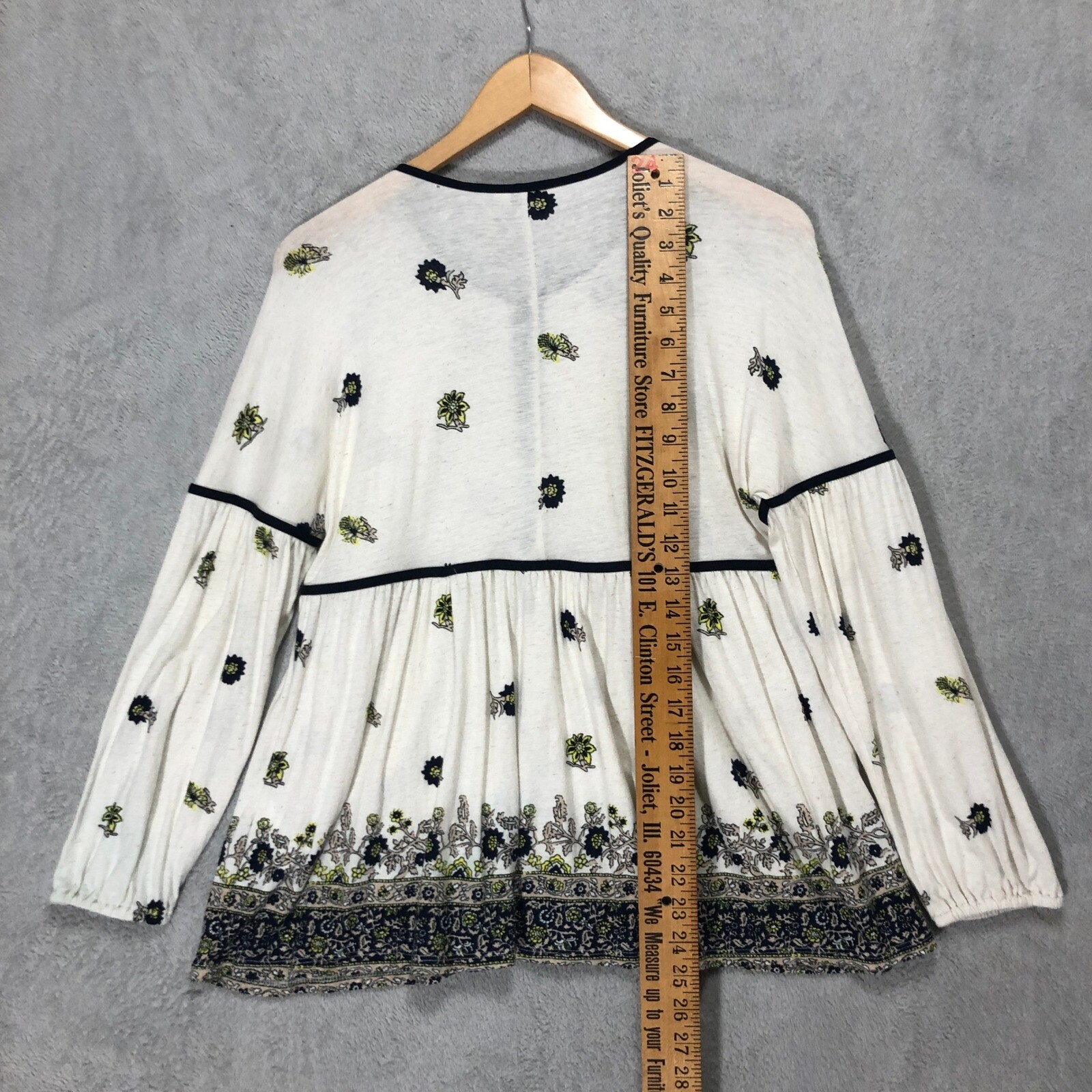 Lucky Brand Floral Peasant Top Tie Neck Long Sleeve Bohemian Blouse M