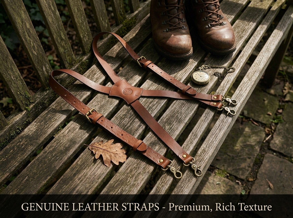 Retro Leather X-Back Men Suspenders – Adjustable Braces Heavy Duty Metal Hooks