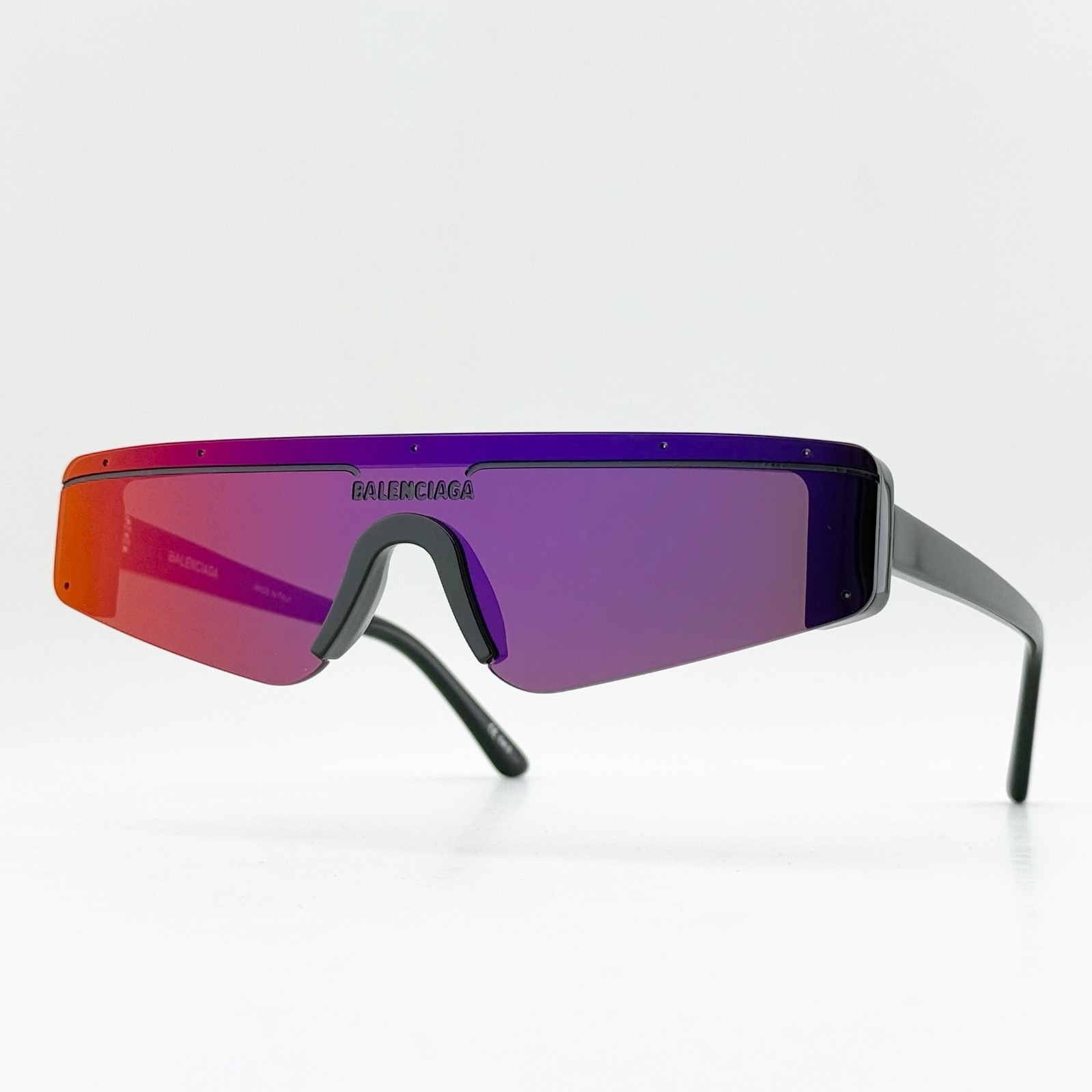 Balenciaga BB0003S Black Shield Sunglasses Purple Mirror Lens Unisex 99-1-140