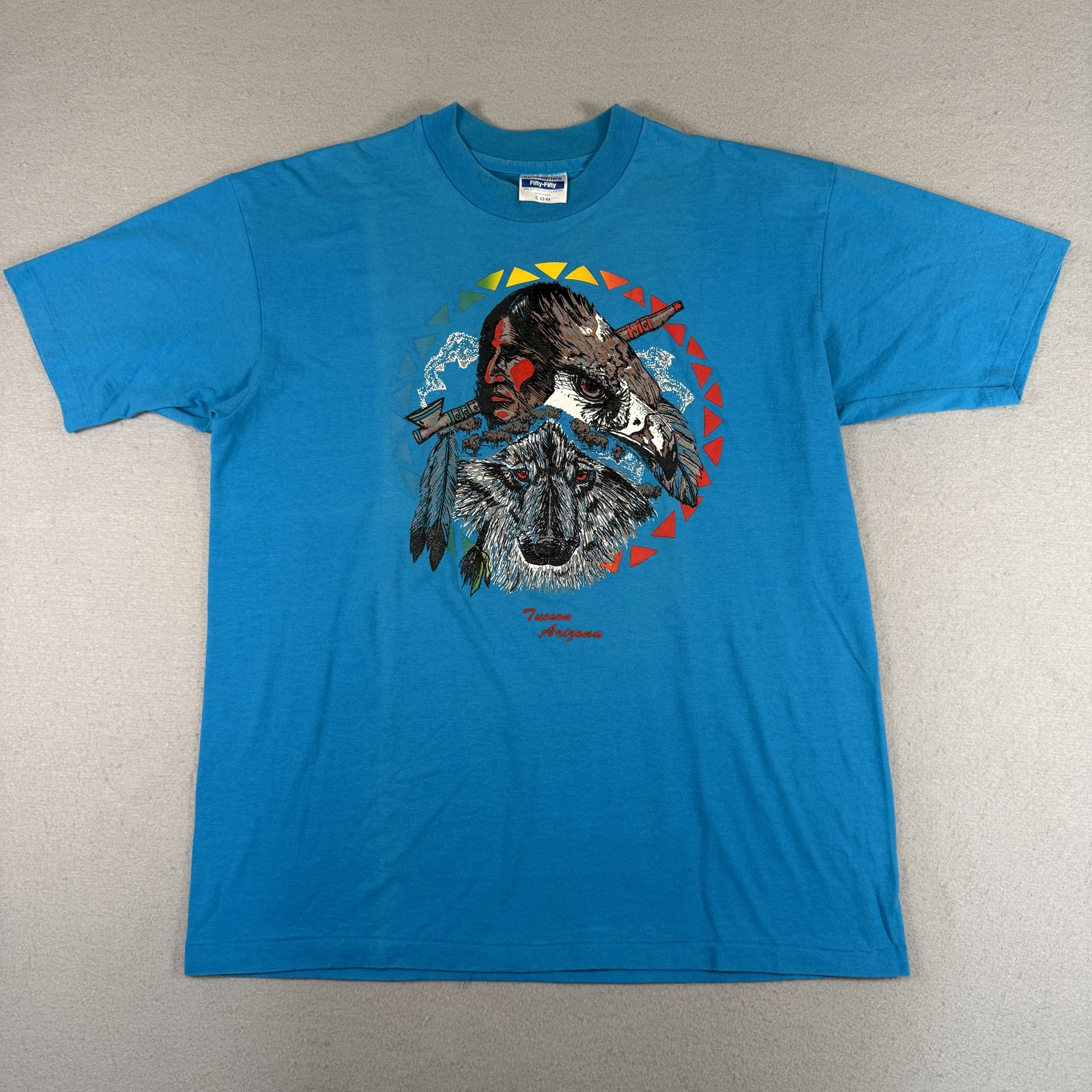Hanes Fifty-Fifty T-Shirt Men’s L Light Blue Vintage 90’s Wolf Indian Western