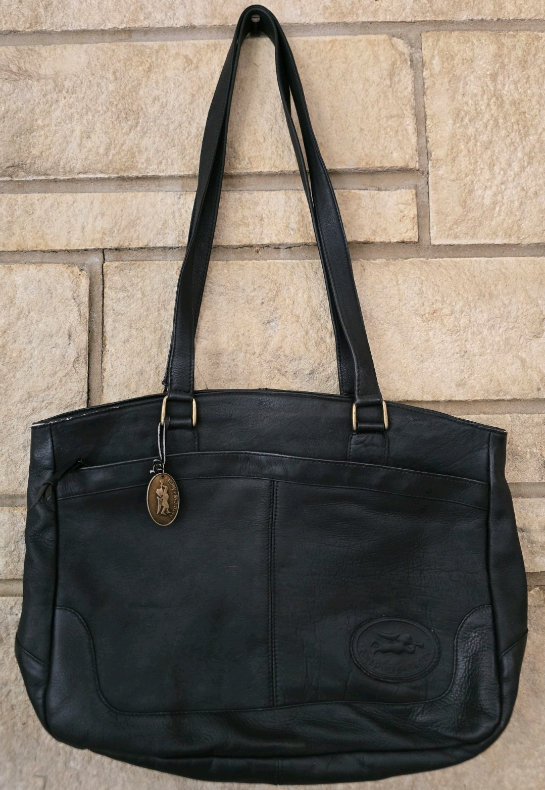 Vintage 90s American Angel Black Leather Tote Shoulder Bag Purse Double Strap