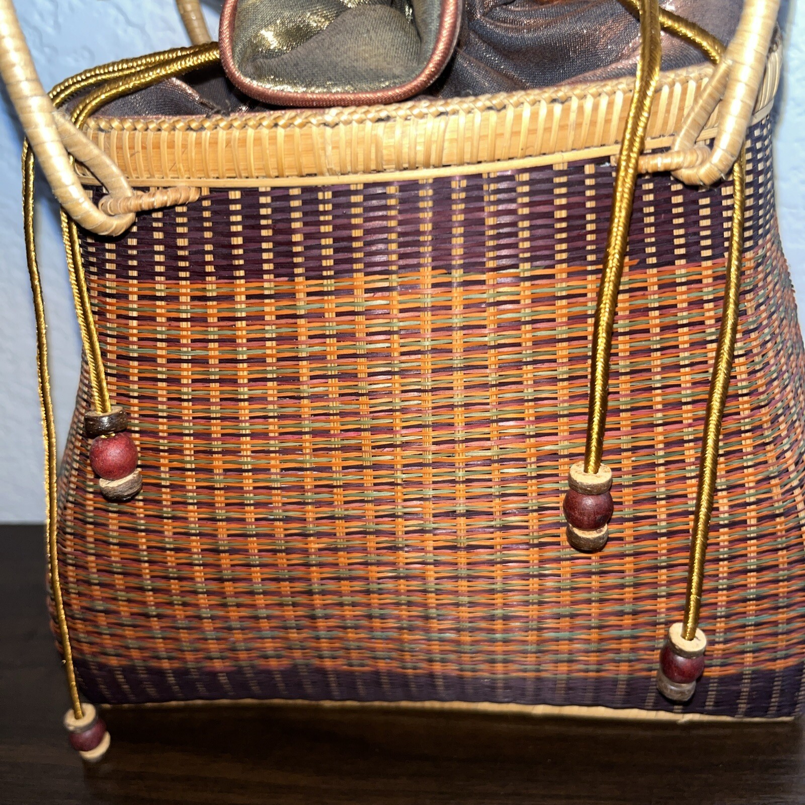 Bamboo Wicker Woven Handbag Purse Drawstring Top Fabric Lining Beautiful Colors