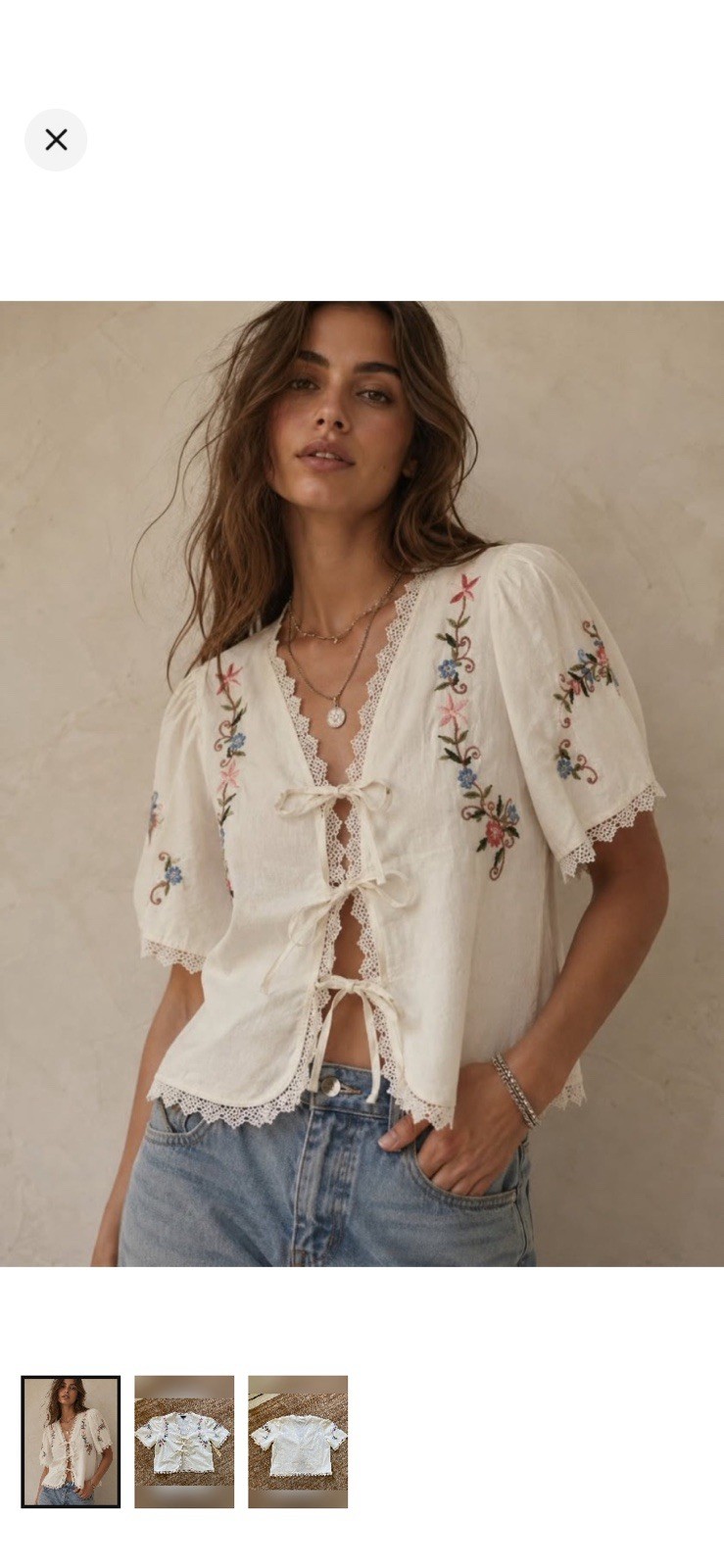 NWT Boho Embroidered Front Tie Cotton Blouse Sz Medium
