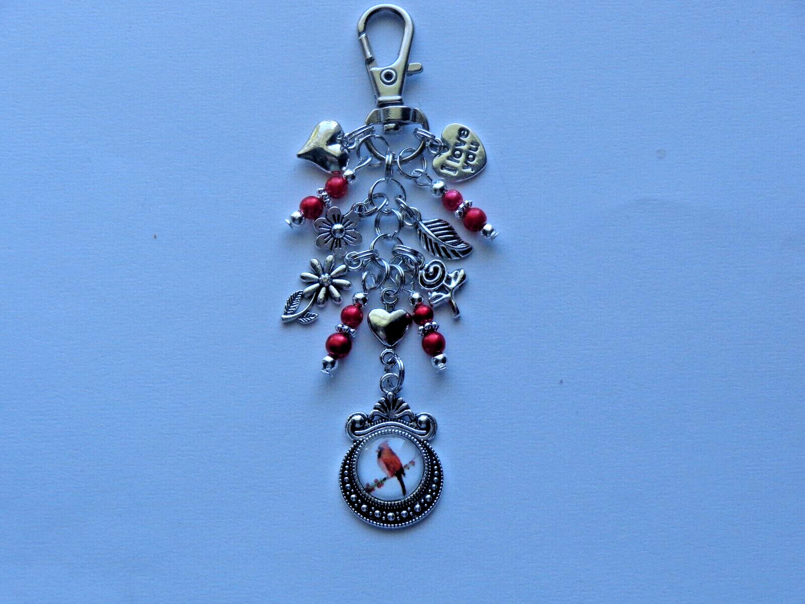 CARDINAL BIRD FLOWERS RED BEADS LOVE KEY CHAIN PURSE CLIP BAG CHARM DANGLE FOB