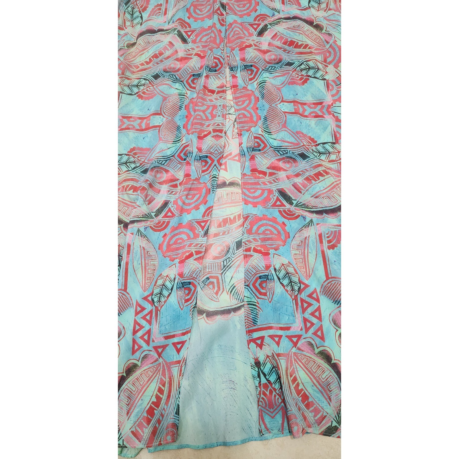 Tribal Print Halter Maxi Dress Turquoise Coral Geometric Keyhole Back Floor