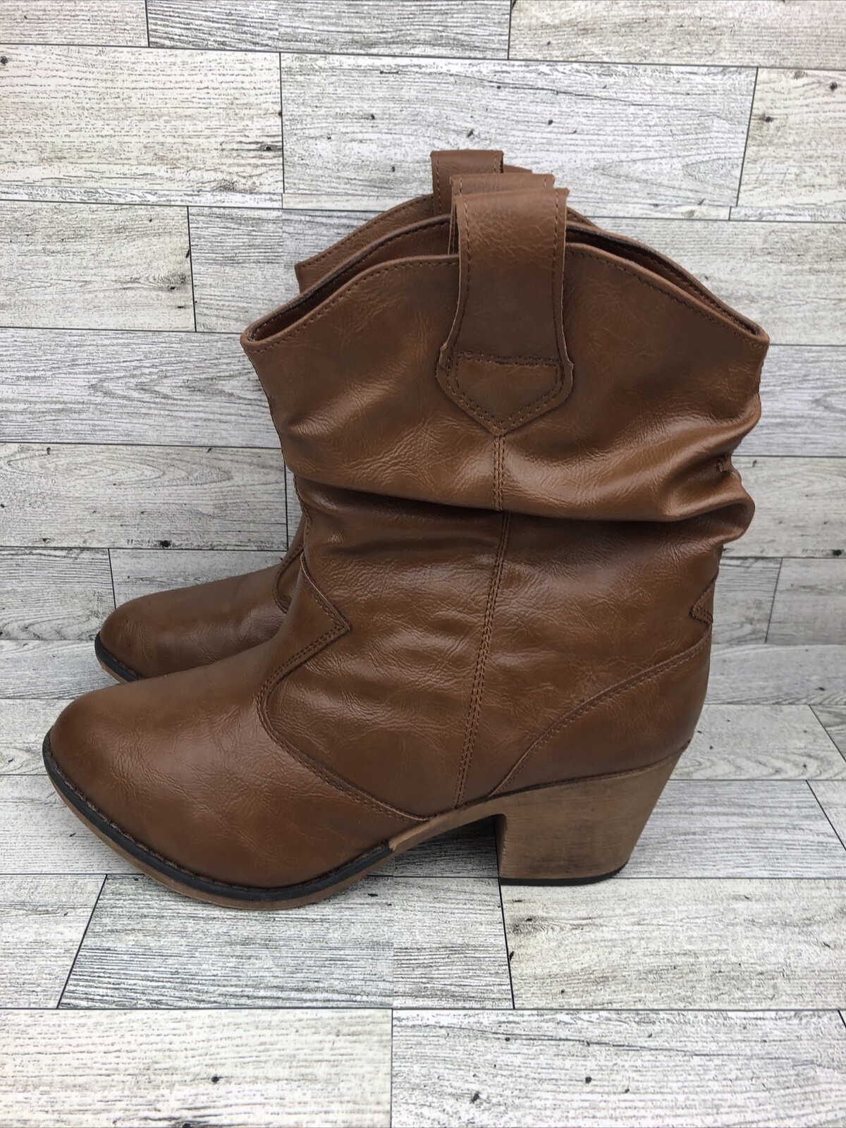 Charles Albert 100% vegan leather slouch calf brown heel cowboy boots 8 women