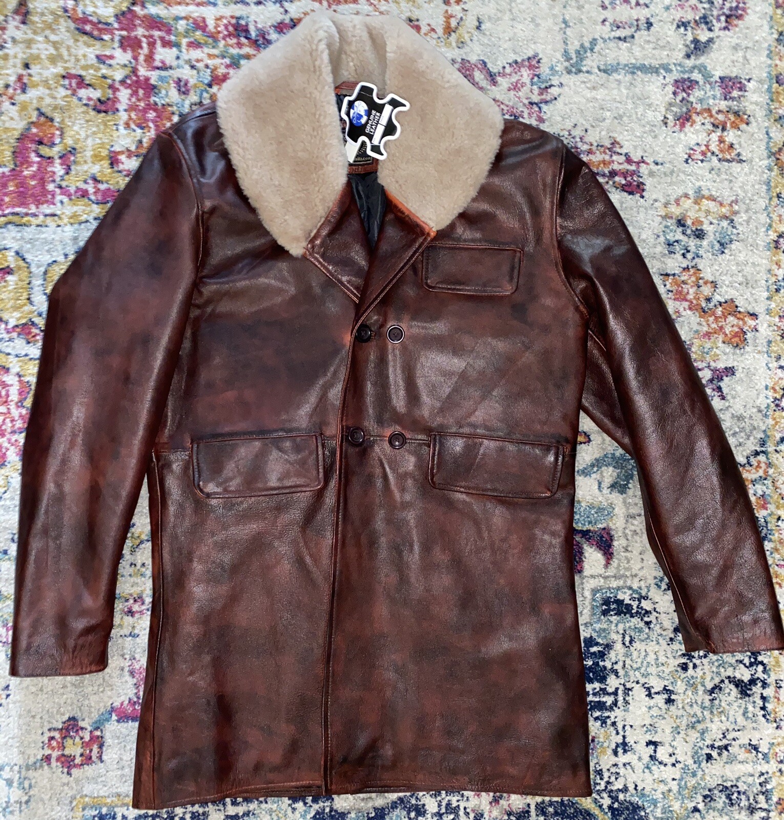 NWT America Suits Deep Red 100% Genuine Leather Trench Fleece Lined Jacket Large