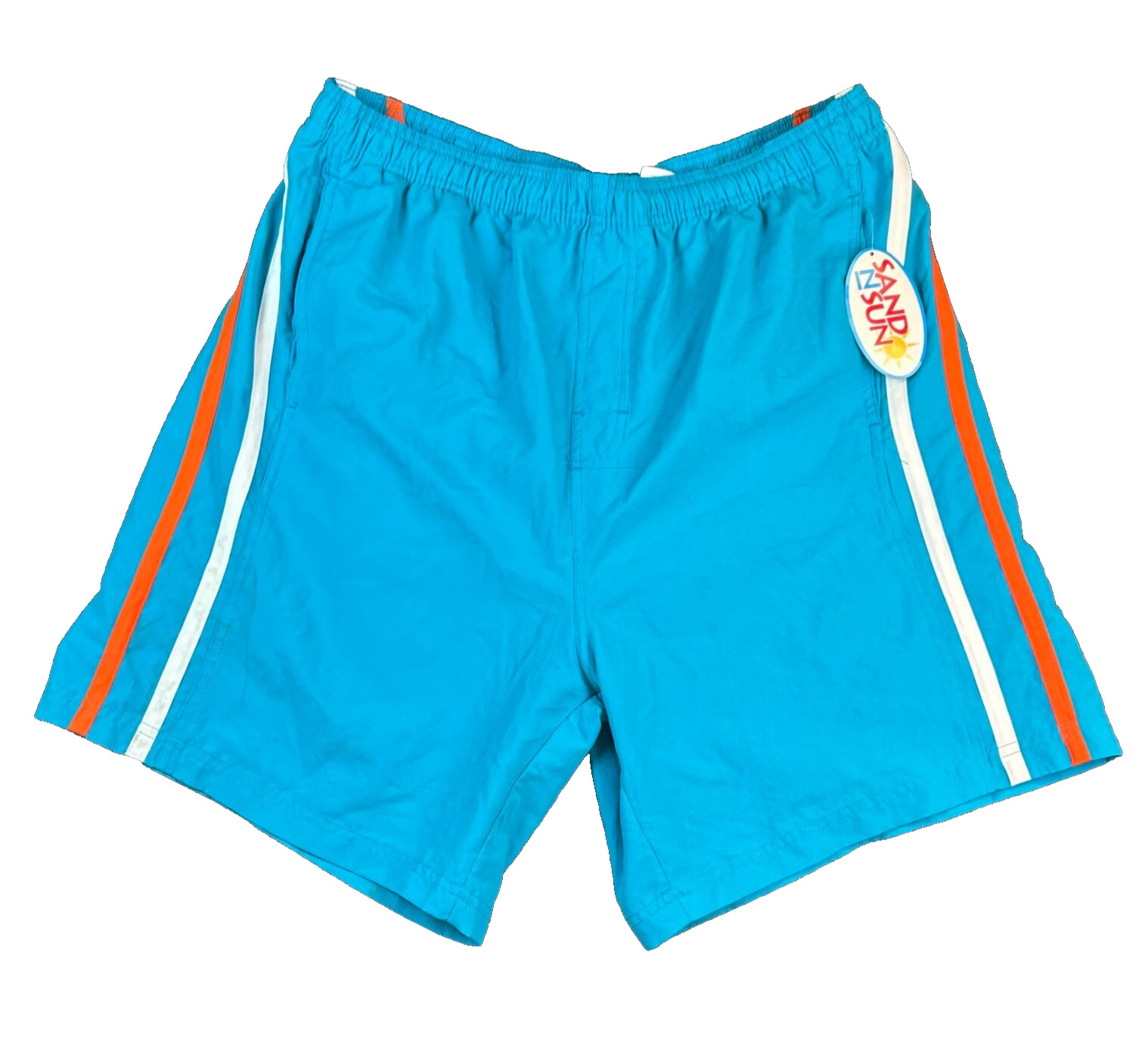Vintage Sand N Sun Mens Swim Trunks Mens Size Large Blue w orange White Stripes