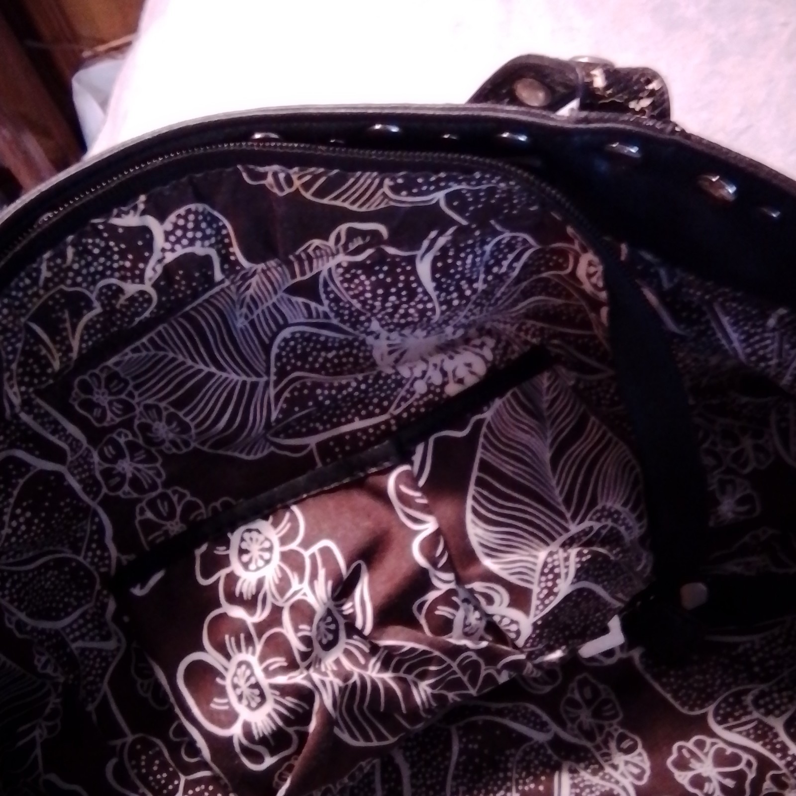 Womens Black Silver Large Shoulder Bag Zip Studded Metallic Floral Lined Pockets