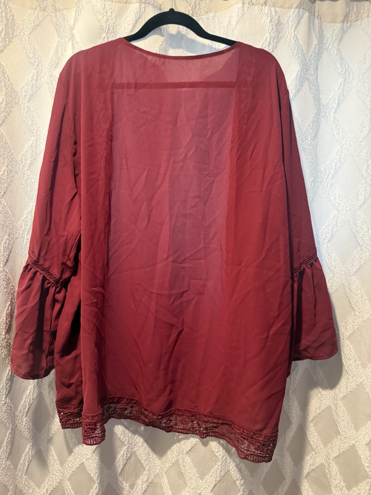 Women’s Burgundy Solid V-Neck 3/4 Bell Sleeve Lace Open Front Kimono 2XL