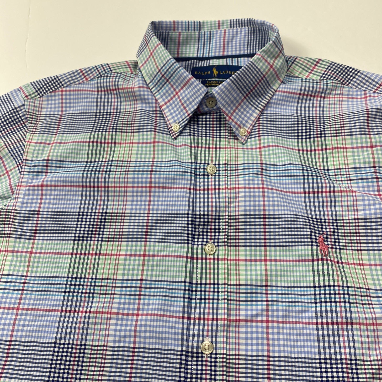 Polo Ralph Lauren Classic Fit Plaid Performance Shirt Nylon Poly Pink Blue Large
