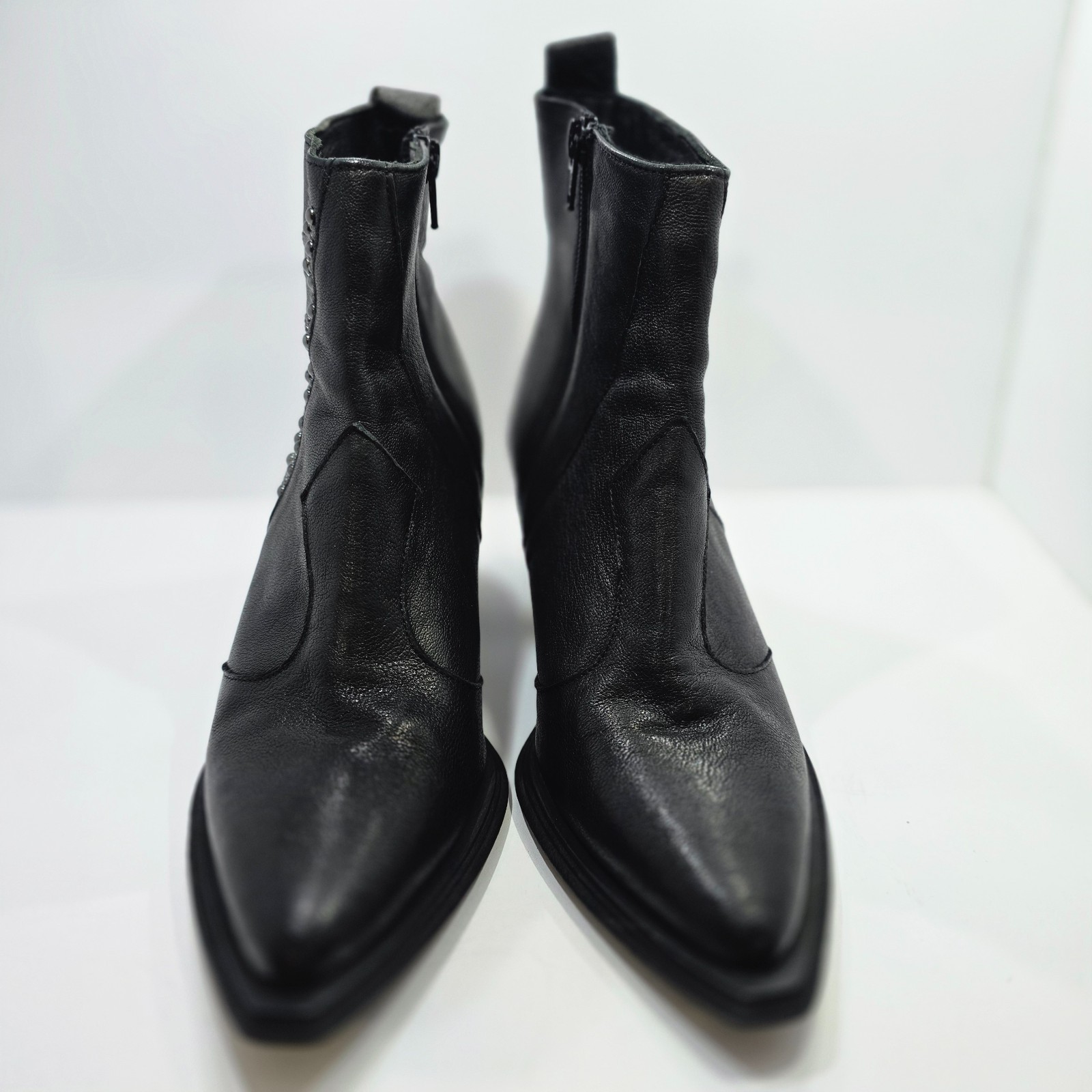 Emanuele Crasto Made in Italy Studded Western Ankle Boots Black Leather Point 38