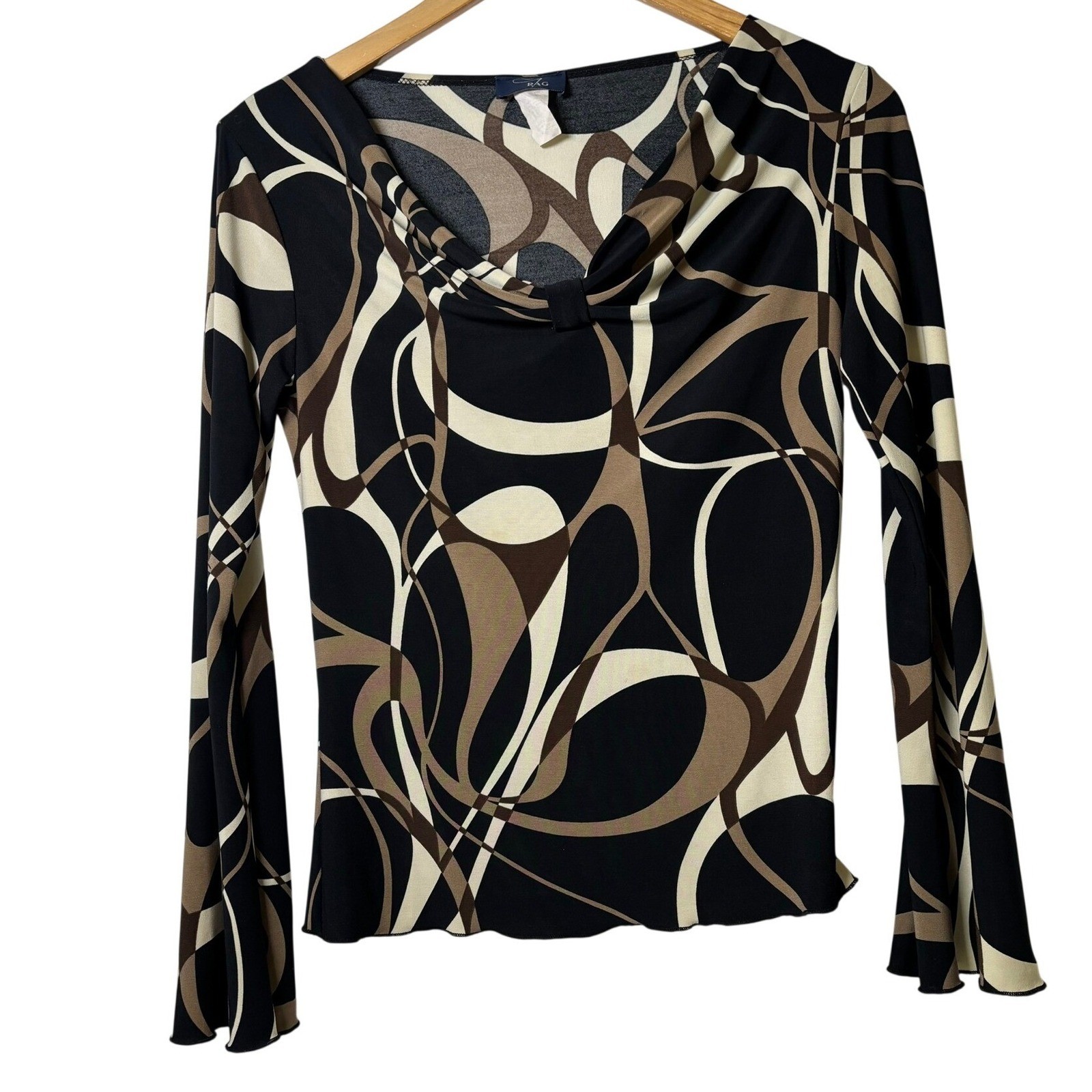 RAG Abstract Swirl Cowl Neck Top Womens Medium Black Tan Flared Sleeve