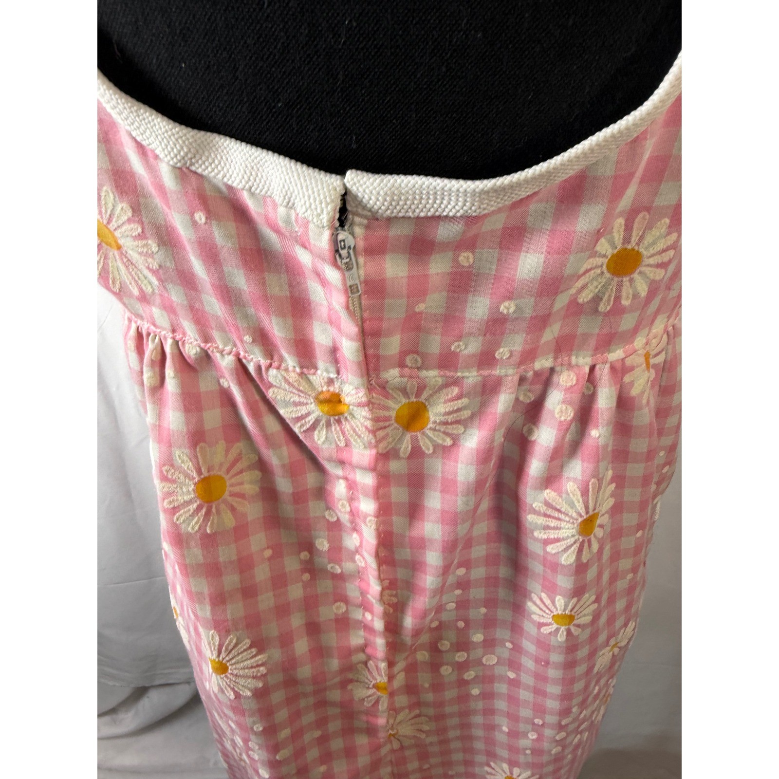 Pink Gingham Daisy Embroidered Pinafore Dress with Pockets Square Neck HOMEMADE