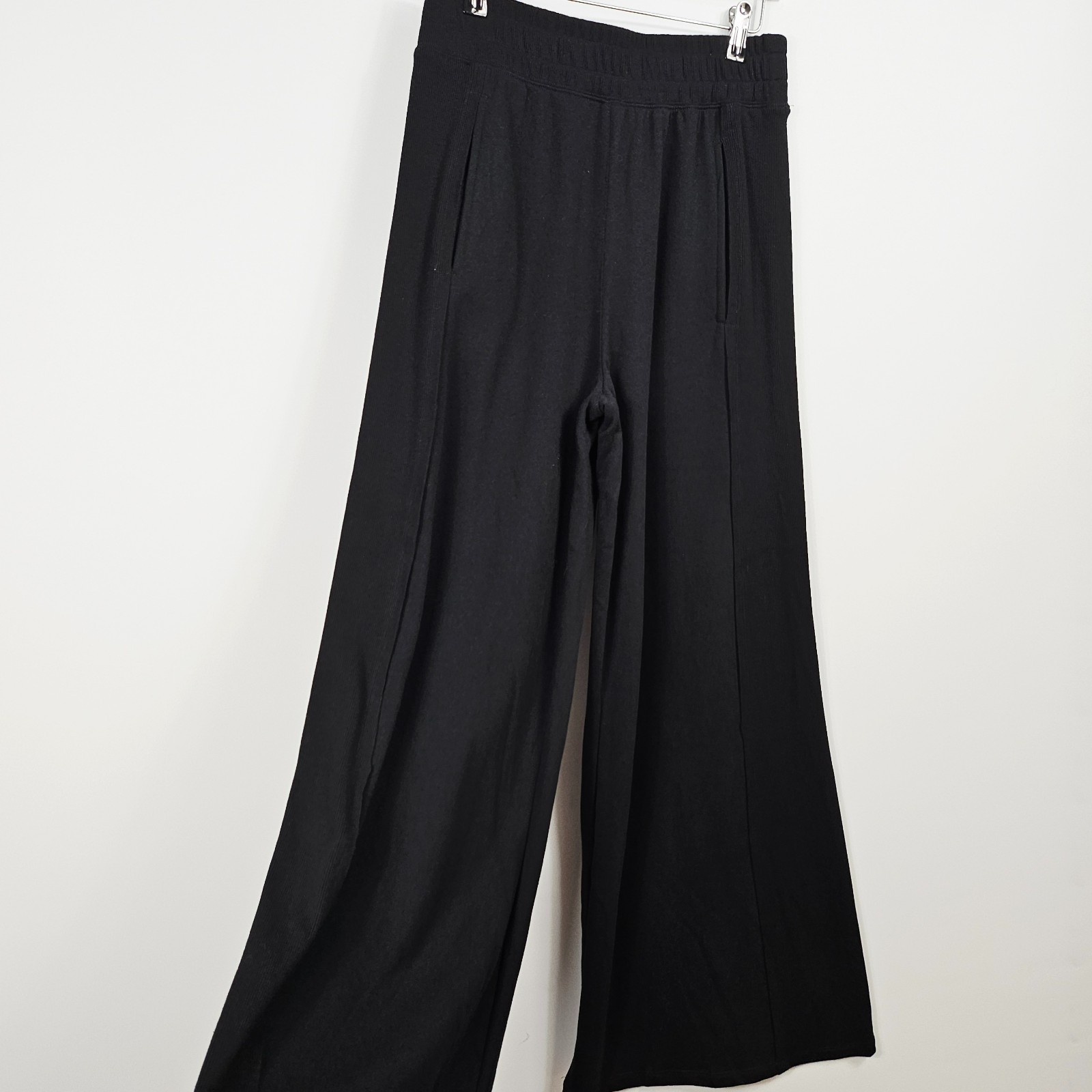 Black Wide Leg Trousers High Waist Elastic Waist Soft Palazzo Pants UK 10–12