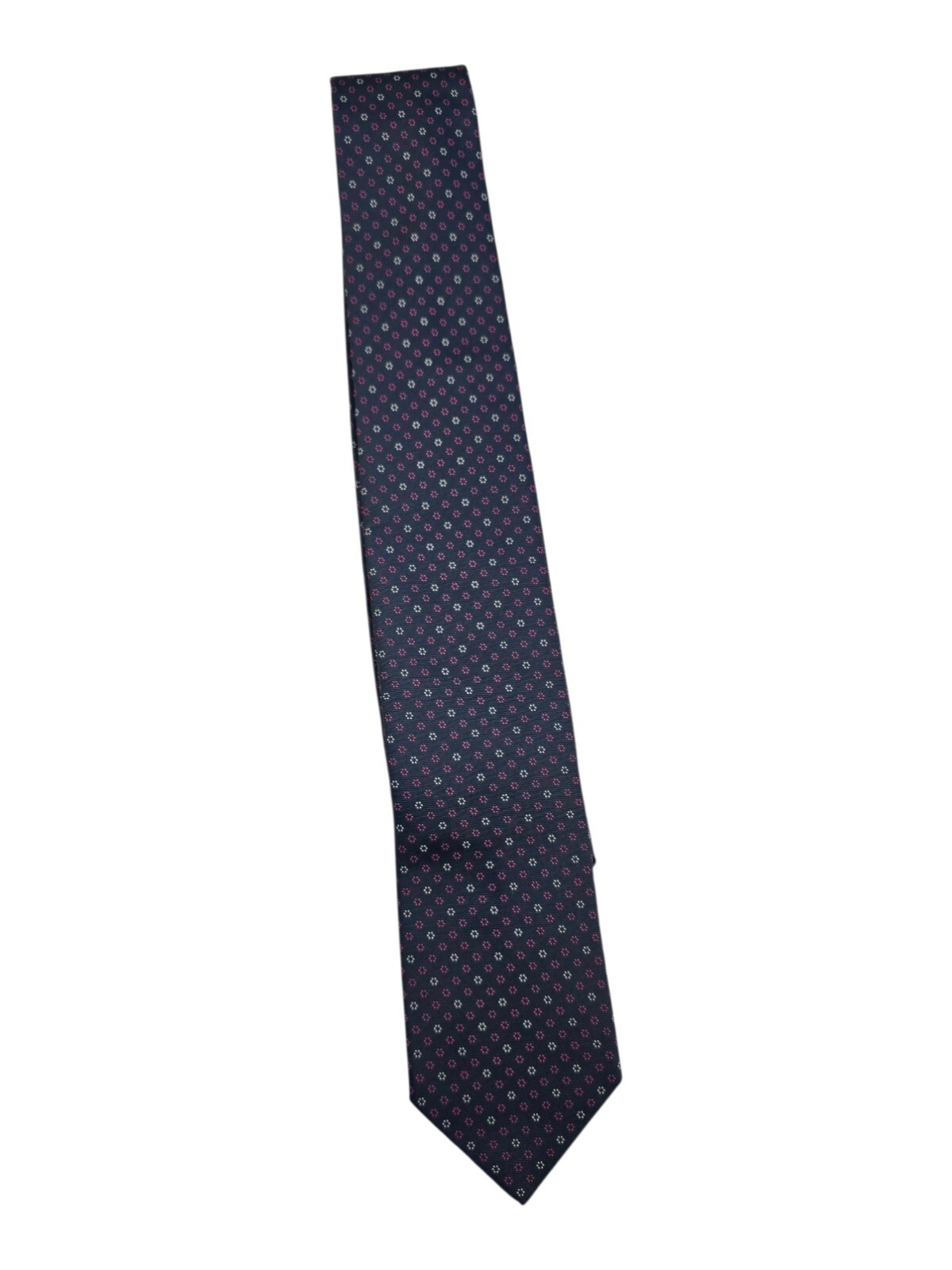 ✨ HERMES Navy Blue Silk Tie | Pink White Geometric Micro Flower Pin Dot Print