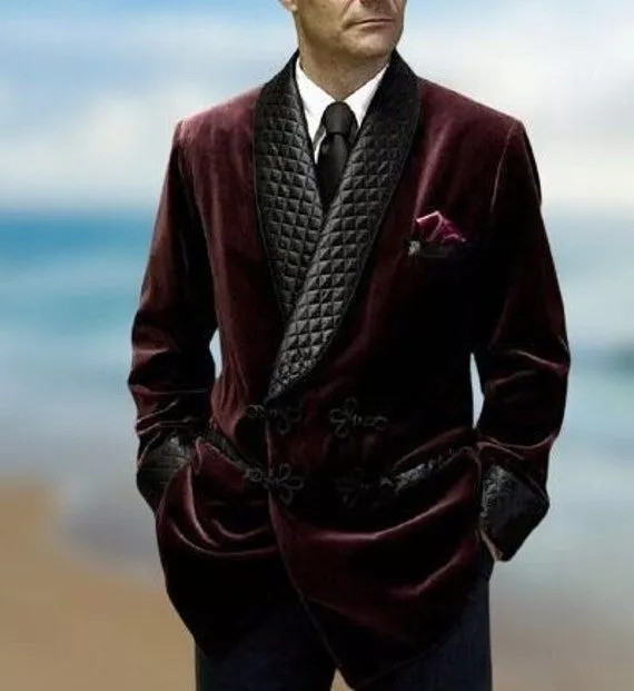 Men Vintage Velvet Smoking Suits Jacket Robe Shawl Lapel Tuxedo Blazer Tailored