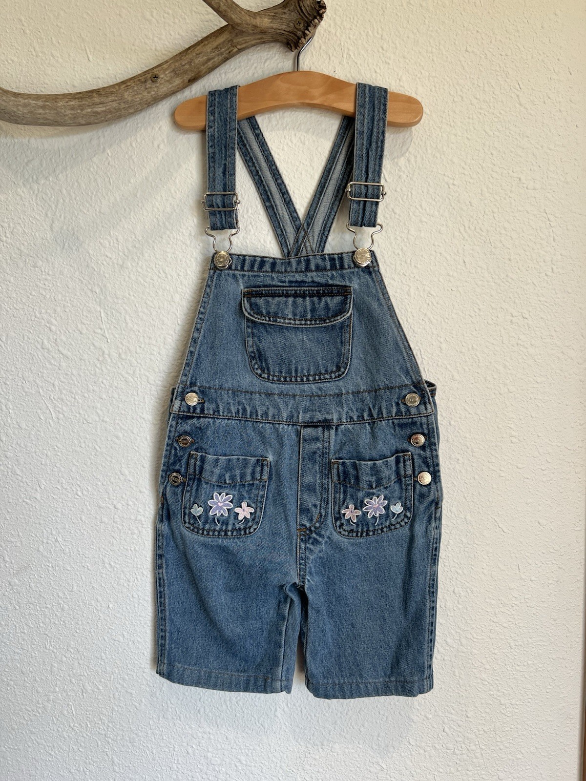 Arizona Jean Company Girls Blue Denim Floral Embroidered Overall, Size 4