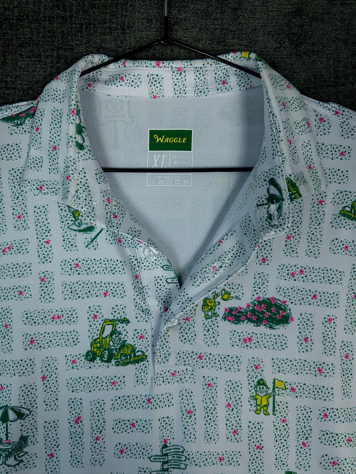 Waggle Gnomes Only Golf Print Polo Shirt Mens XL White Green Masters Party
