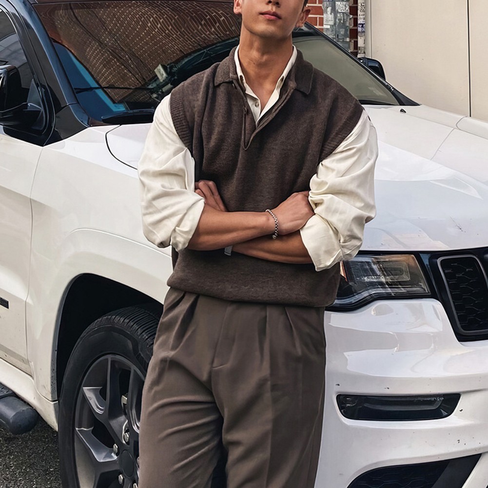 Men Sleeveless Sweater Vest Knitted Pullover with Lapel for Casual