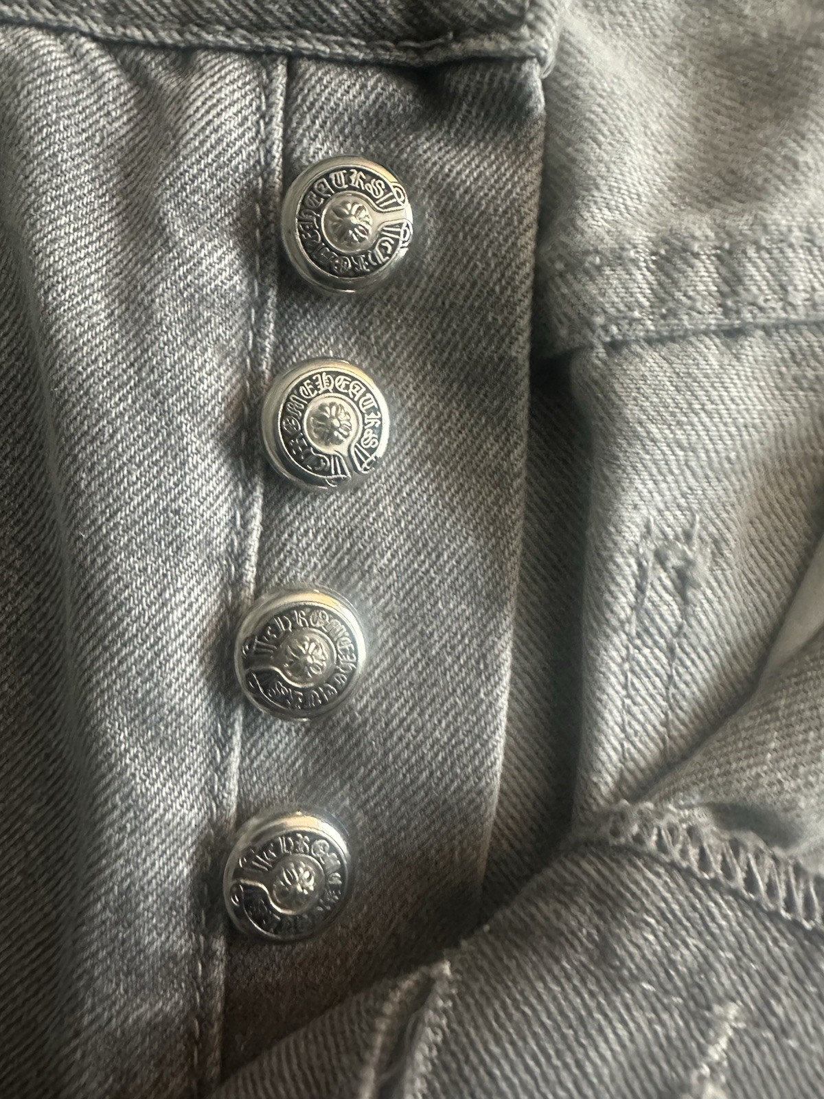 Chrome Hearts Men’s Gray Denim Straight Jeans Black Cross Patches Button Fly