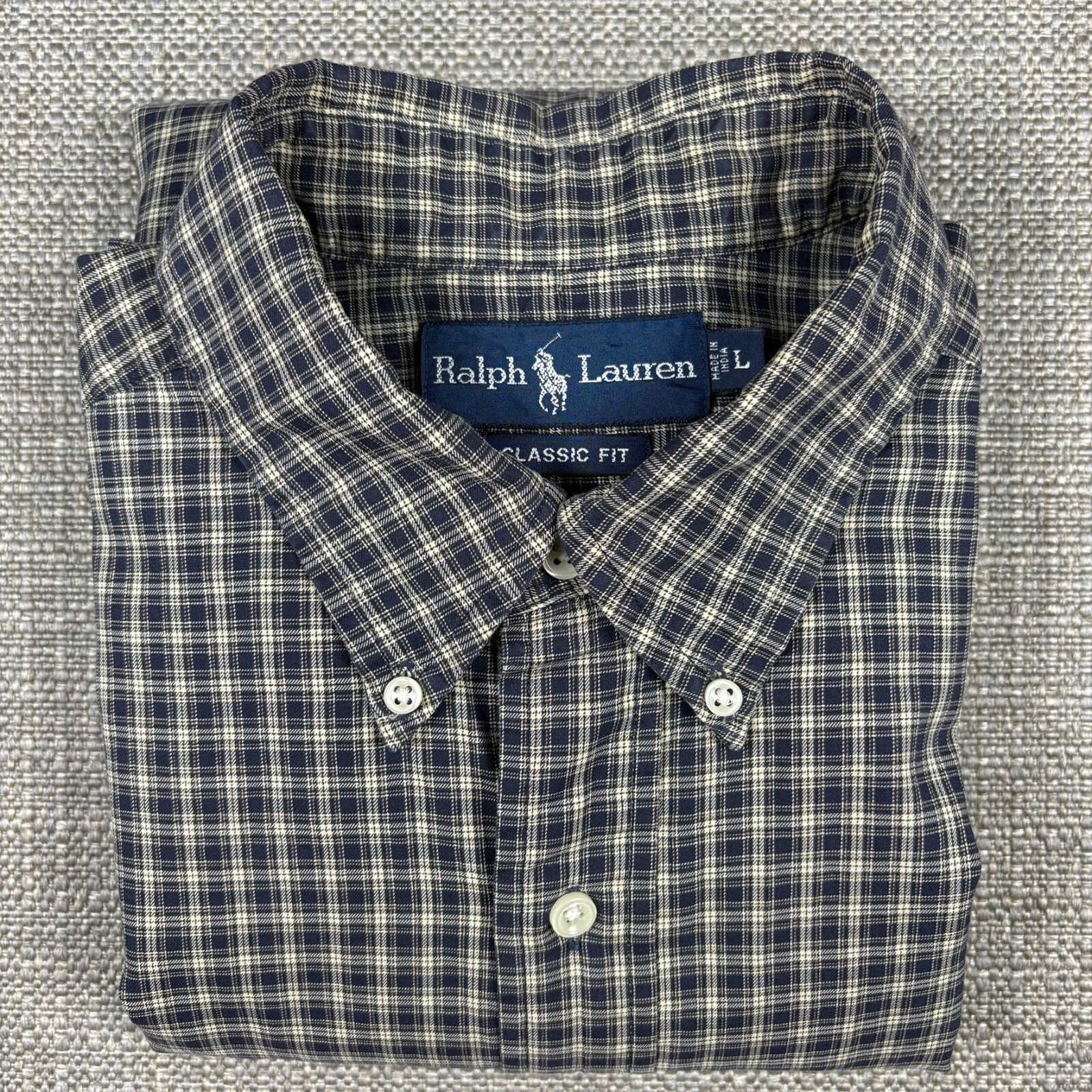 Ralph Lauren Men’s Shirt L Long Sleeve Black Blue Beige Plaid Classic Embroidery
