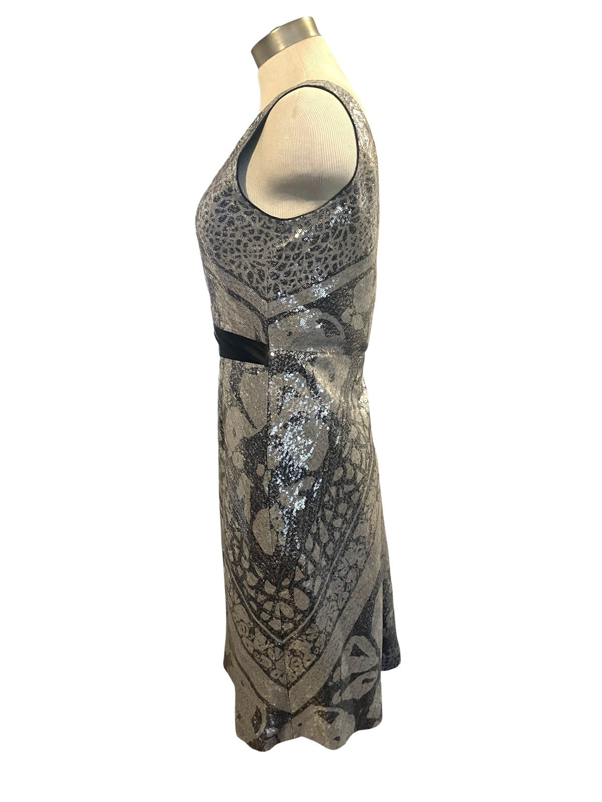 DIANE VON FURSTENBURG Silver Black Sequin V-Neck Wrap Satin Tie Evening Dress
