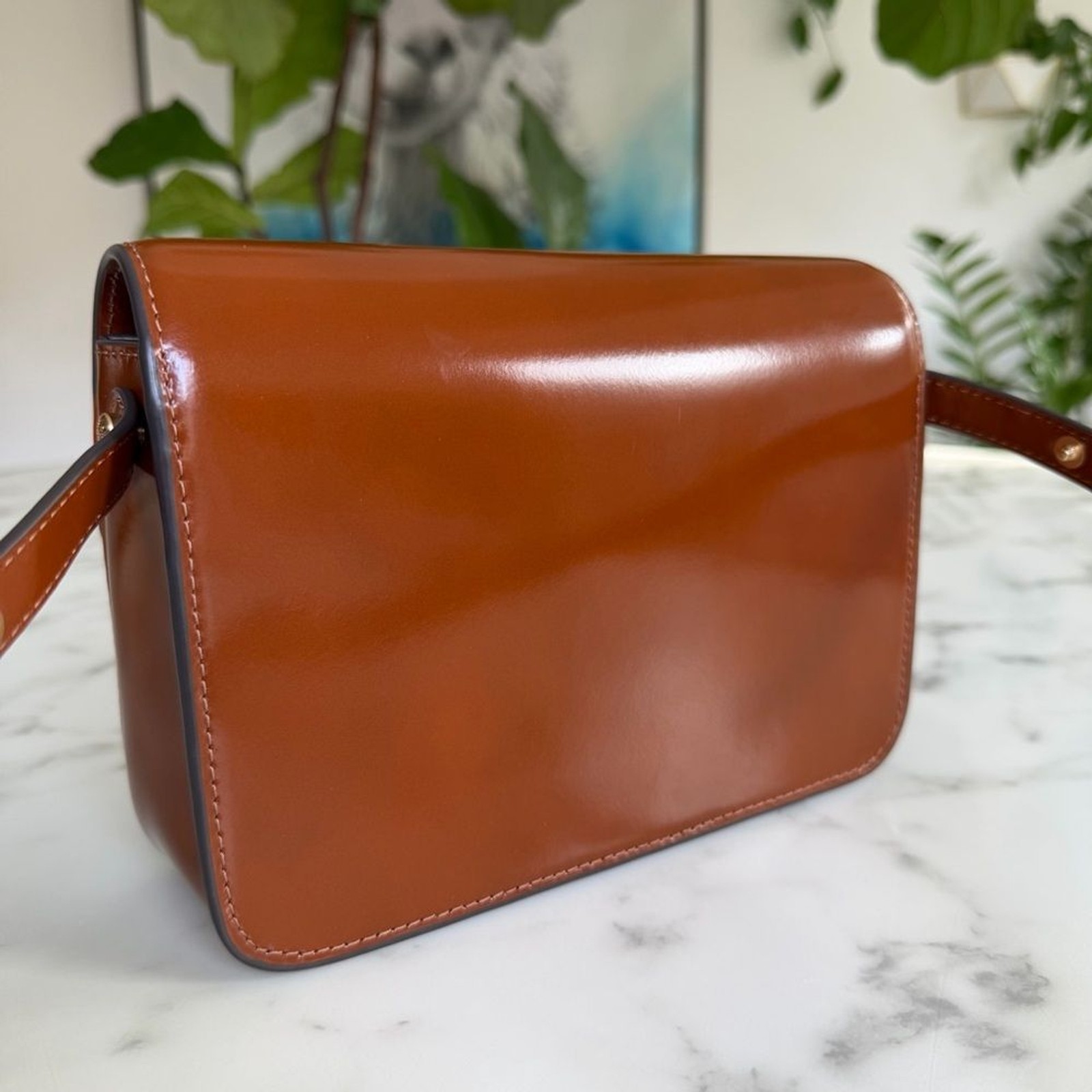Tory Burch Robinson Spazzolato Leather Shoulder Bag Dark Sienna Brown Patent