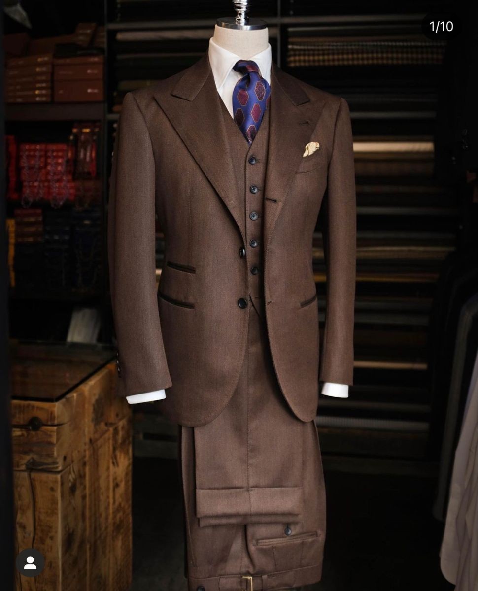 Wide Peak Lapel Men’s Suits Brown 3Pcs Business Workwear Jacket Regular Fit