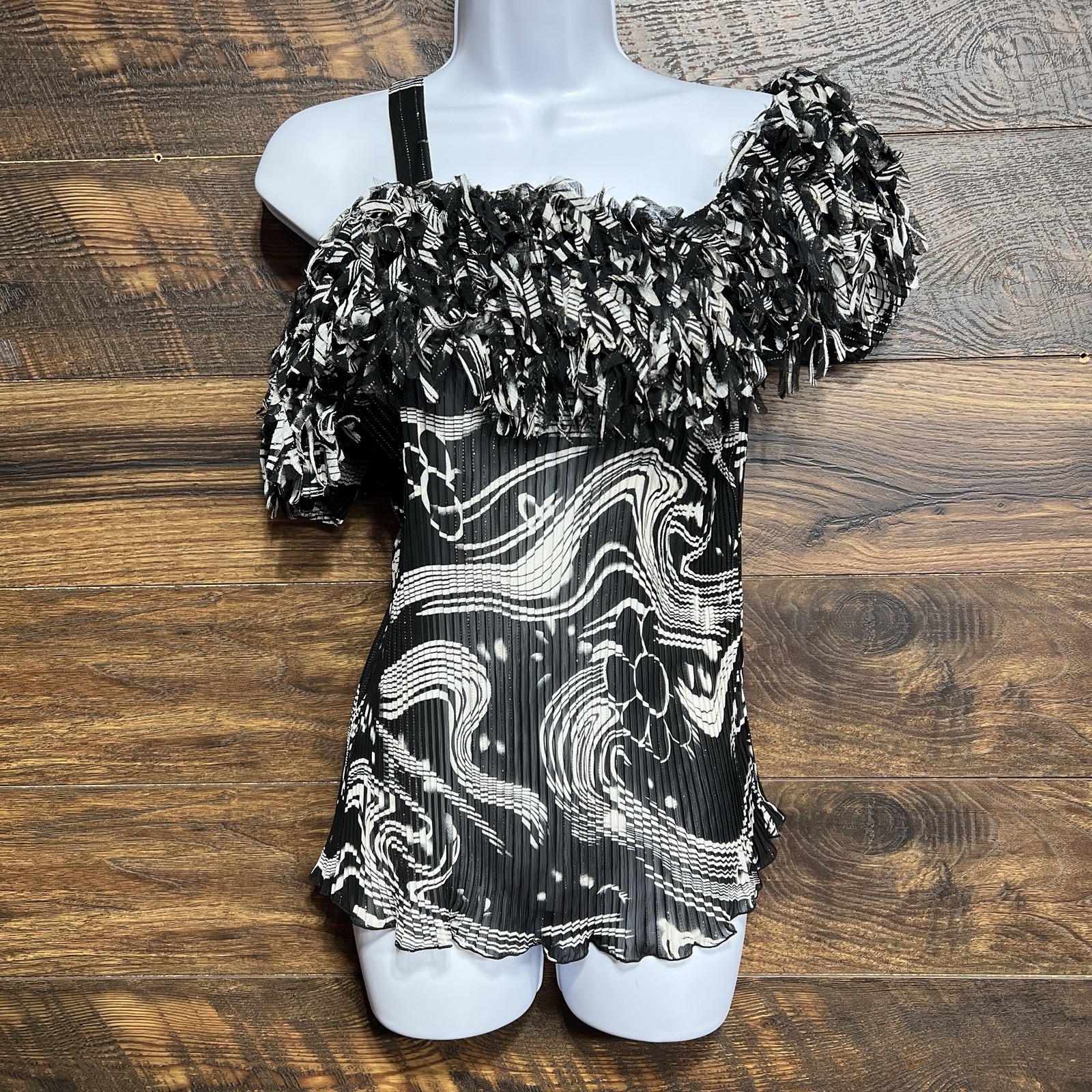 Dress U By Sharon Sexy Top Black White Crinkle Stretchy Full Fringe Off Shoulder