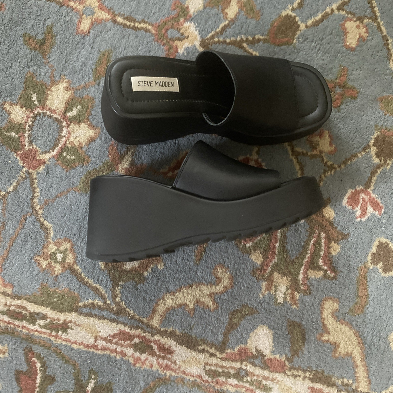 Steve Madden Black Leather Platform Wedge Slide Sandals Womens Size 9